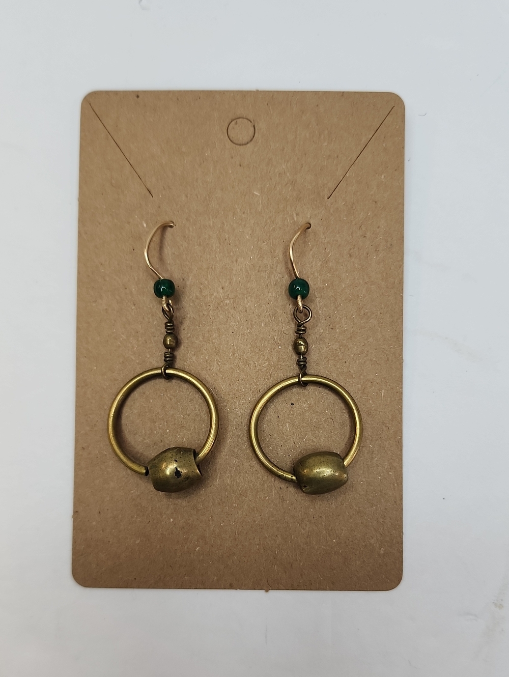 Vintage Style Gold Tone Hoop Drop Earrings Green Bead Boho Dangle Jewelry